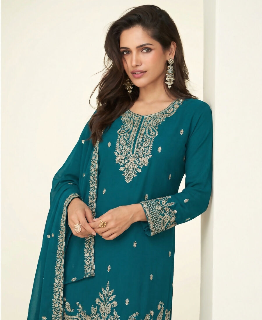 KC Aqua Blue Georgette Heavy Embroidered Fancy Suit For Women