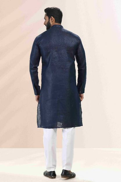 Raivat Ethnic Linen Cotton Pintux Work Kurta Pajama In Blue Colour