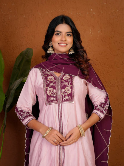 Lehenga Mart Designer Anarkali Suit With Kurta Palazzo Dupatta For Women-Baby Pink
