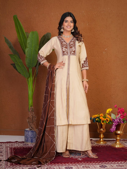 Lehenga Mart Designer Anarkali Suit With Kurta Palazzo Dupatta For Women-Cream