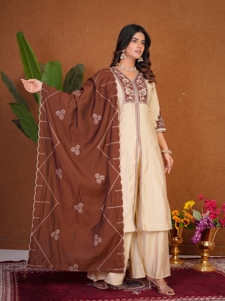 Lehenga Mart Designer Anarkali Suit With Kurta Palazzo Dupatta For Women-Cream
