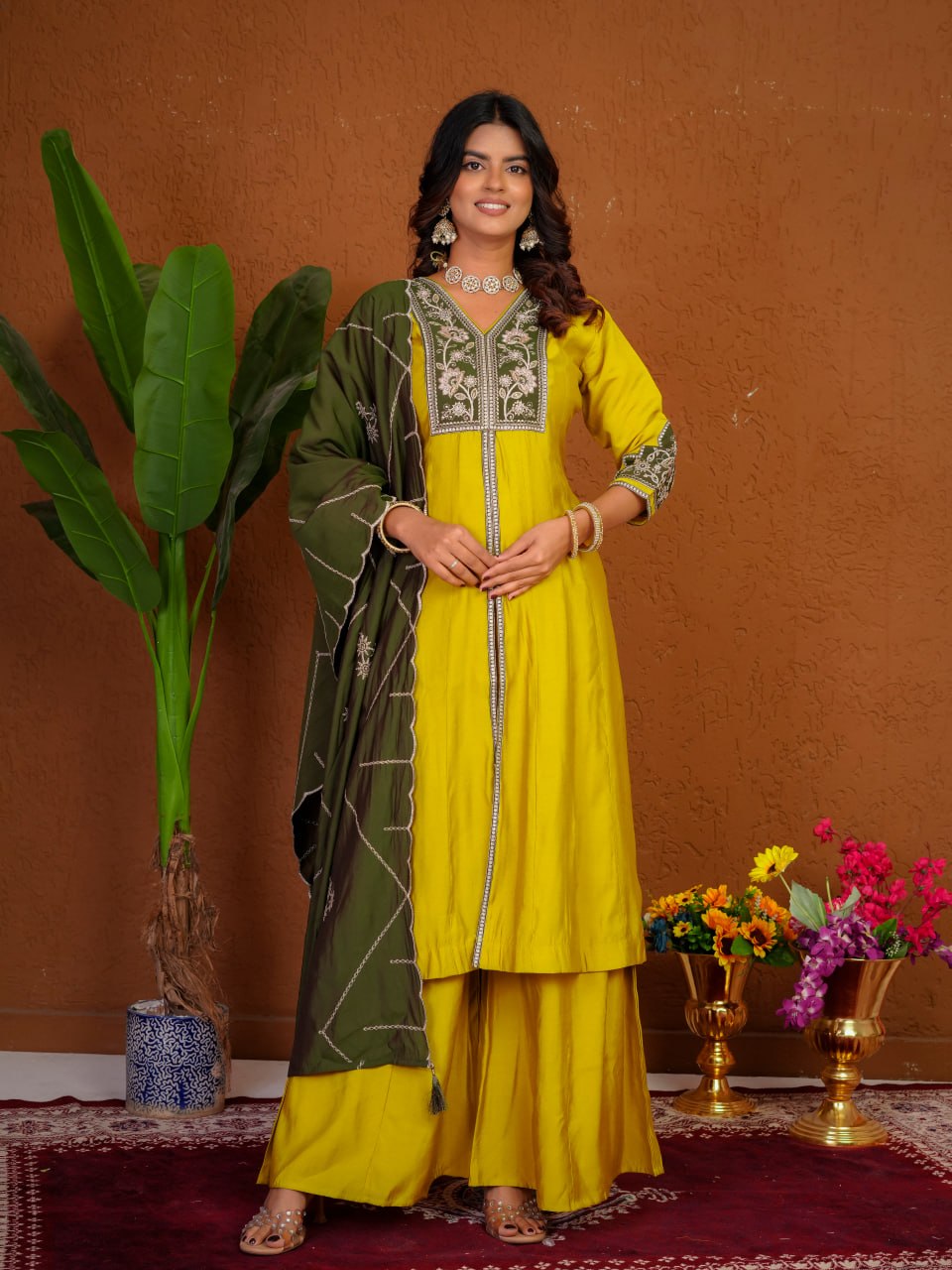 Lehenga Mart Designer Anarkali Suit With Kurta Palazzo Dupatta For Women-Mustard Yellow