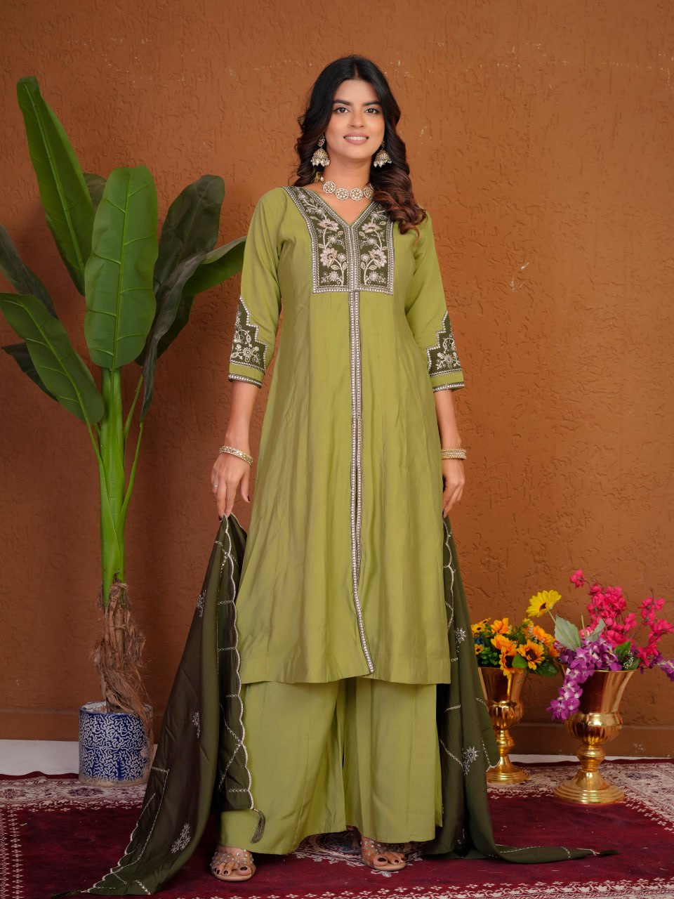 Lehenga Mart Designer Anarkali Suit With Kurta Palazzo Dupatta For Women-Olive Green