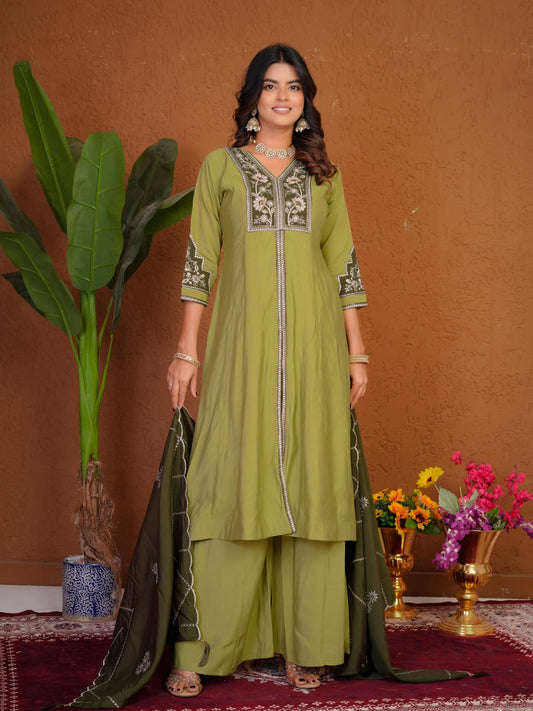 Lehenga Mart Designer Anarkali Suit With Kurta Palazzo Dupatta For Women-Olive Green