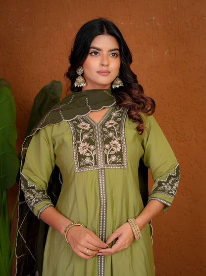 Lehenga Mart Designer Anarkali Suit With Kurta Palazzo Dupatta For Women-Olive Green