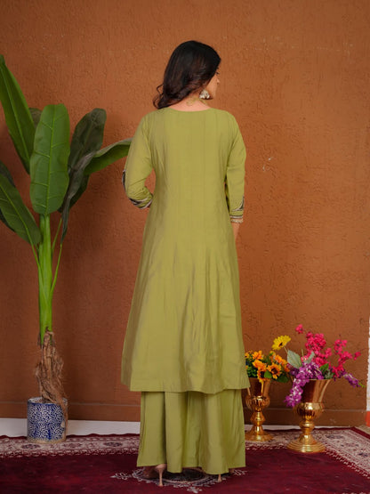 Lehenga Mart Designer Anarkali Suit With Kurta Palazzo Dupatta For Women-Olive Green
