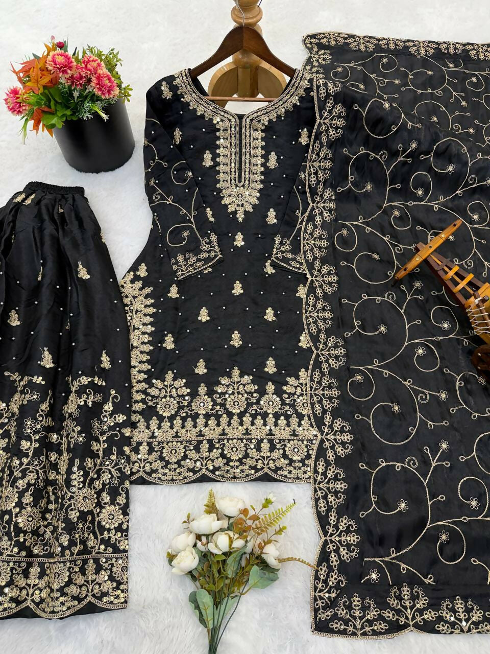 Teeya Creation Girls Heavy Embroidery Black Ethnic Kurta And Palazzo Set With Net Dupatta
