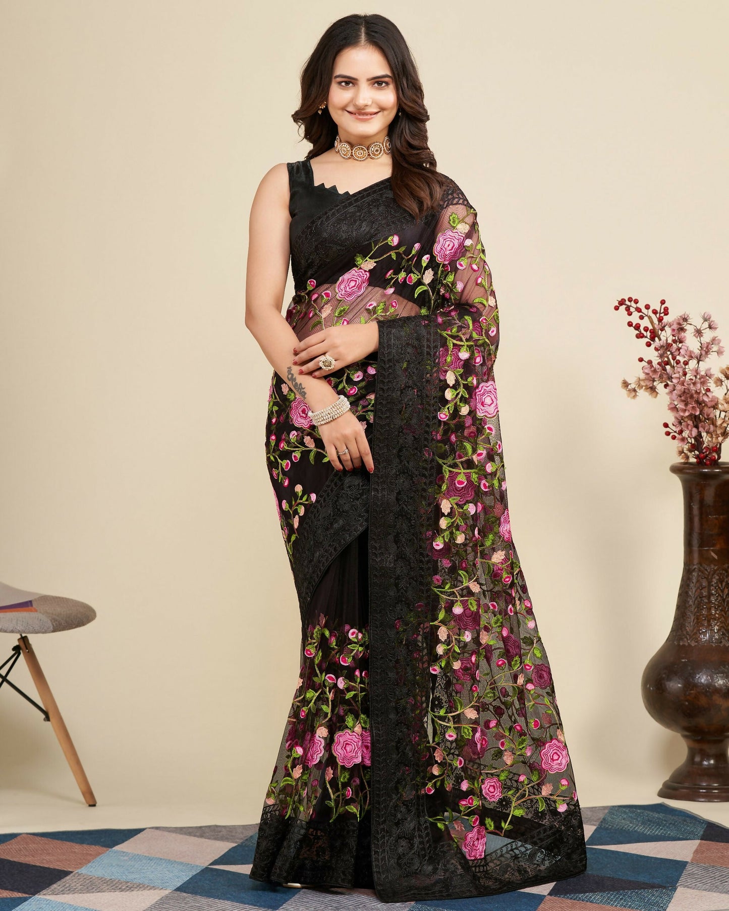 Teeya Creation Womens Latest Stylish Party Wear Soft Net Saree-Black