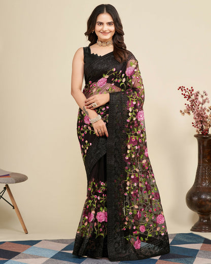 Teeya Creation Womens Latest Stylish Party Wear Soft Net Saree-Black