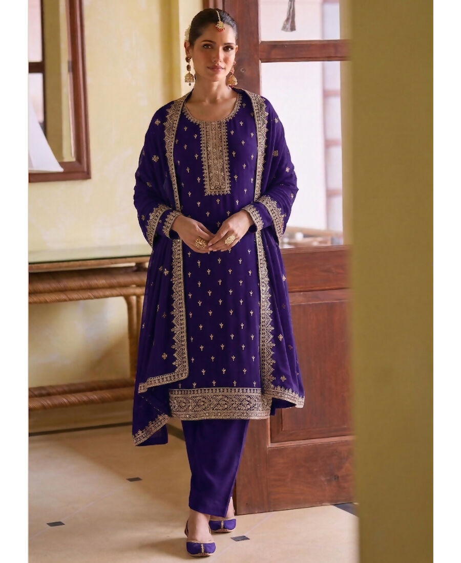 KC Purple Georgette Straight Suit With Heavy Embroidery