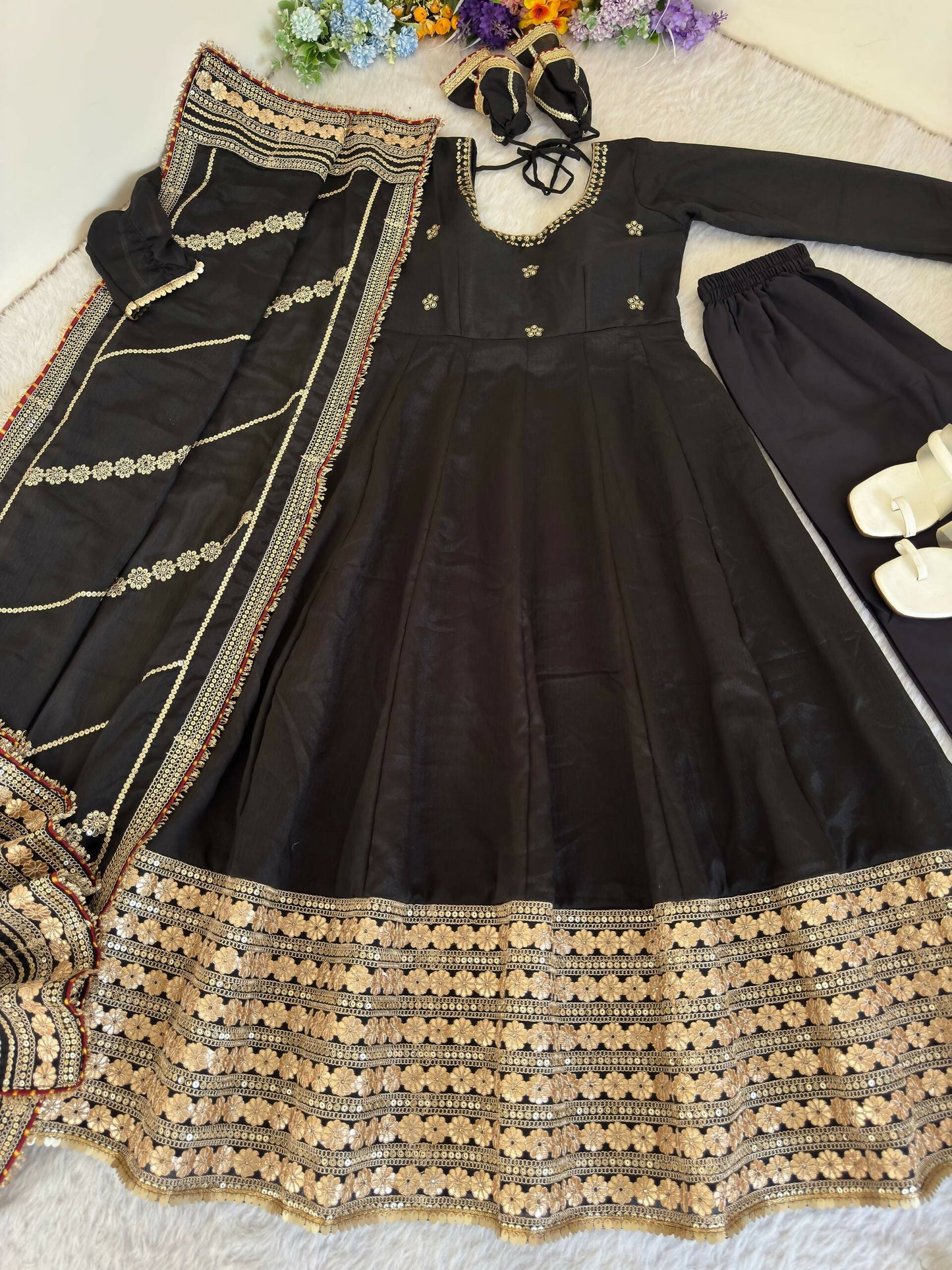 Teeya Creation Womens New Fancy Silk Heavy Quality Fabric With Handwork Black Gown Set