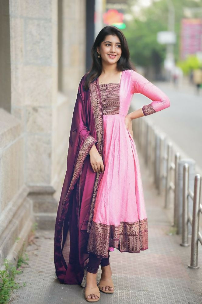 Teeya Creation Womens New Elegant Pink Anarkali Gown with Embroidered Yoke Contrasting Wine Dupatta Set