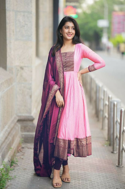 Teeya Creation Womens New Elegant Pink Anarkali Gown with Embroidered Yoke Contrasting Wine Dupatta Set