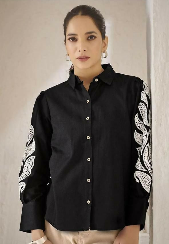 Teeya Creation Women Trendy Black Cotton Button-Down Top with White Contrast Embroidered Sleeves