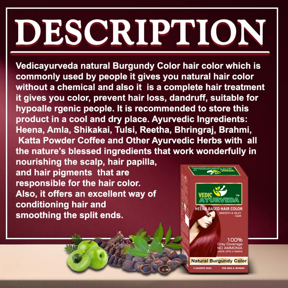 VedicAyurveda Natural Pure Henna Based Hair Color - Natural Burgundy