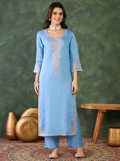 The52 Women's Gorgeous Embroidery Work Viscose Silk Fabric Straight Kurta Pant and Dupatta Set