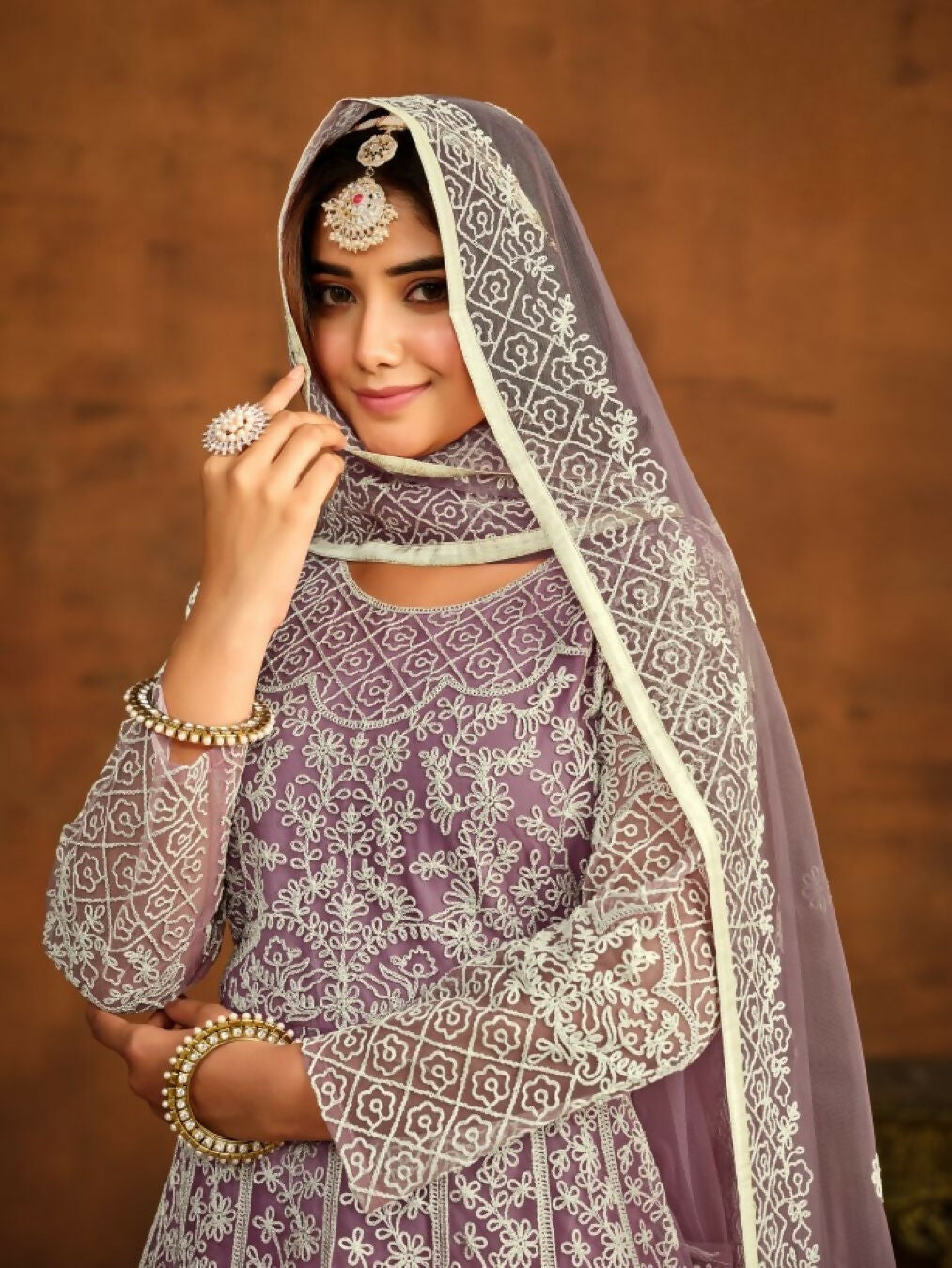 Anaita Lavender Embroidered Net Anarkali Suit