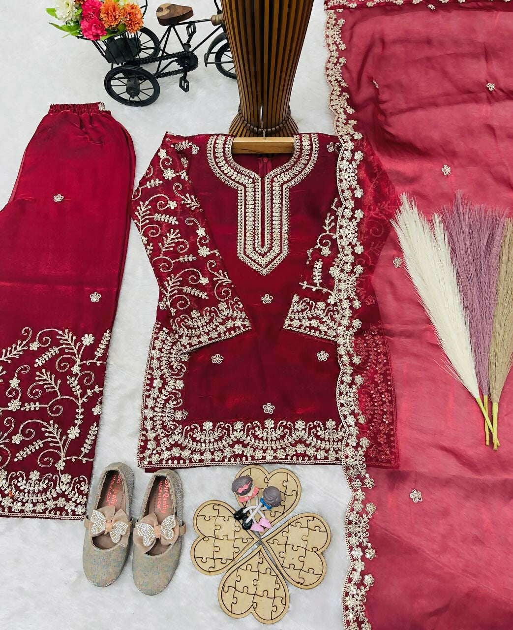 Teeya Creation New Kids Wedding Wear Heavy Embroidery Sequence Work Kurta Sharara Set-Red