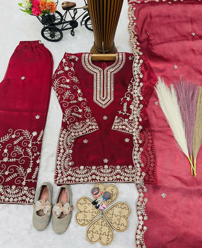 Teeya Creation New Kids Wedding Wear Heavy Embroidery Sequence Work Kurta Sharara Set-Red