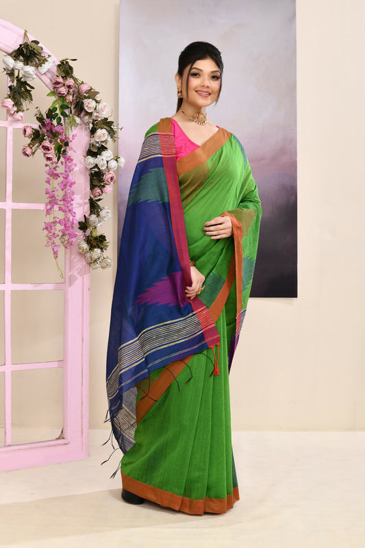 Piyari Fashion Women's Green Temple Border Embellished Cotton Blend Jamdani Saree