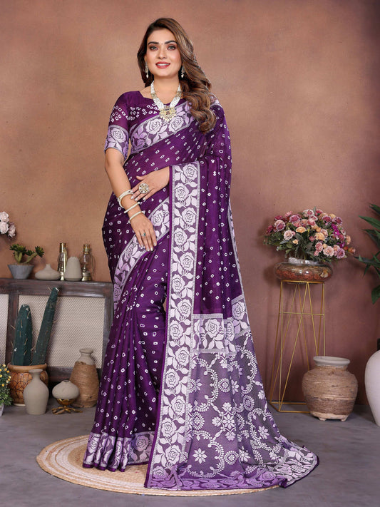 Aastha Fashion Purple Viscose Silk Handmade Original Bandhej Saree