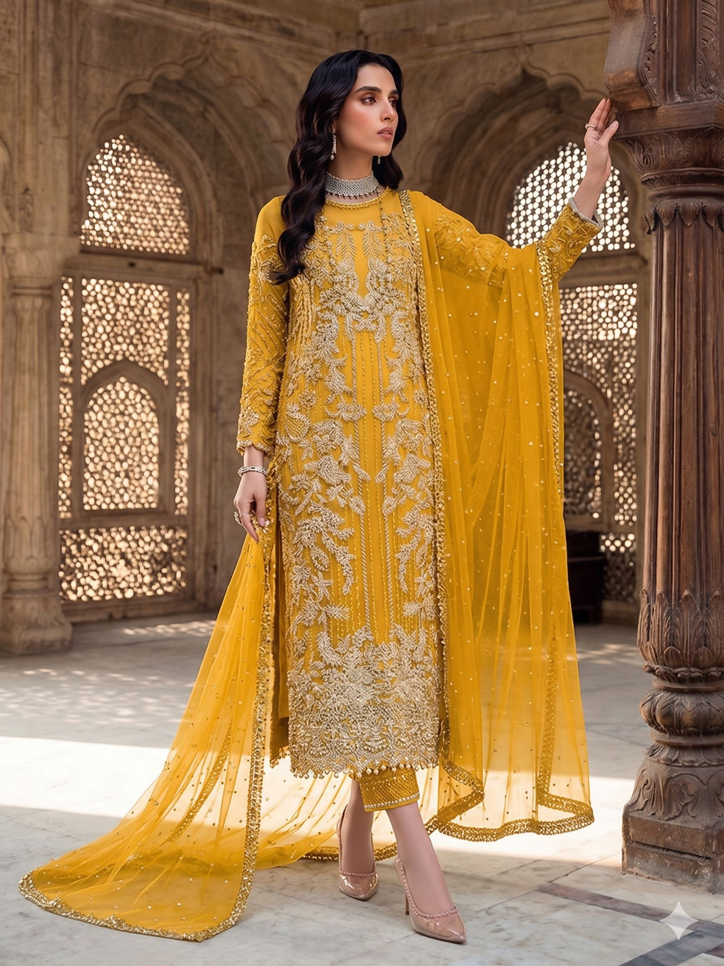 Teeya Creation Womens New Soft Net With Heavy Embroiedery With Sequence Work Yellow Kurta Set