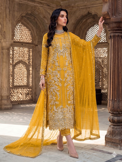 Teeya Creation Womens New Soft Net With Heavy Embroiedery With Sequence Work Yellow Kurta Set