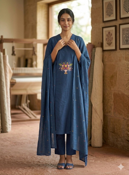 Teeya Creation Indigo Blue Straight Kurta Pant Set With Matching Dupatta