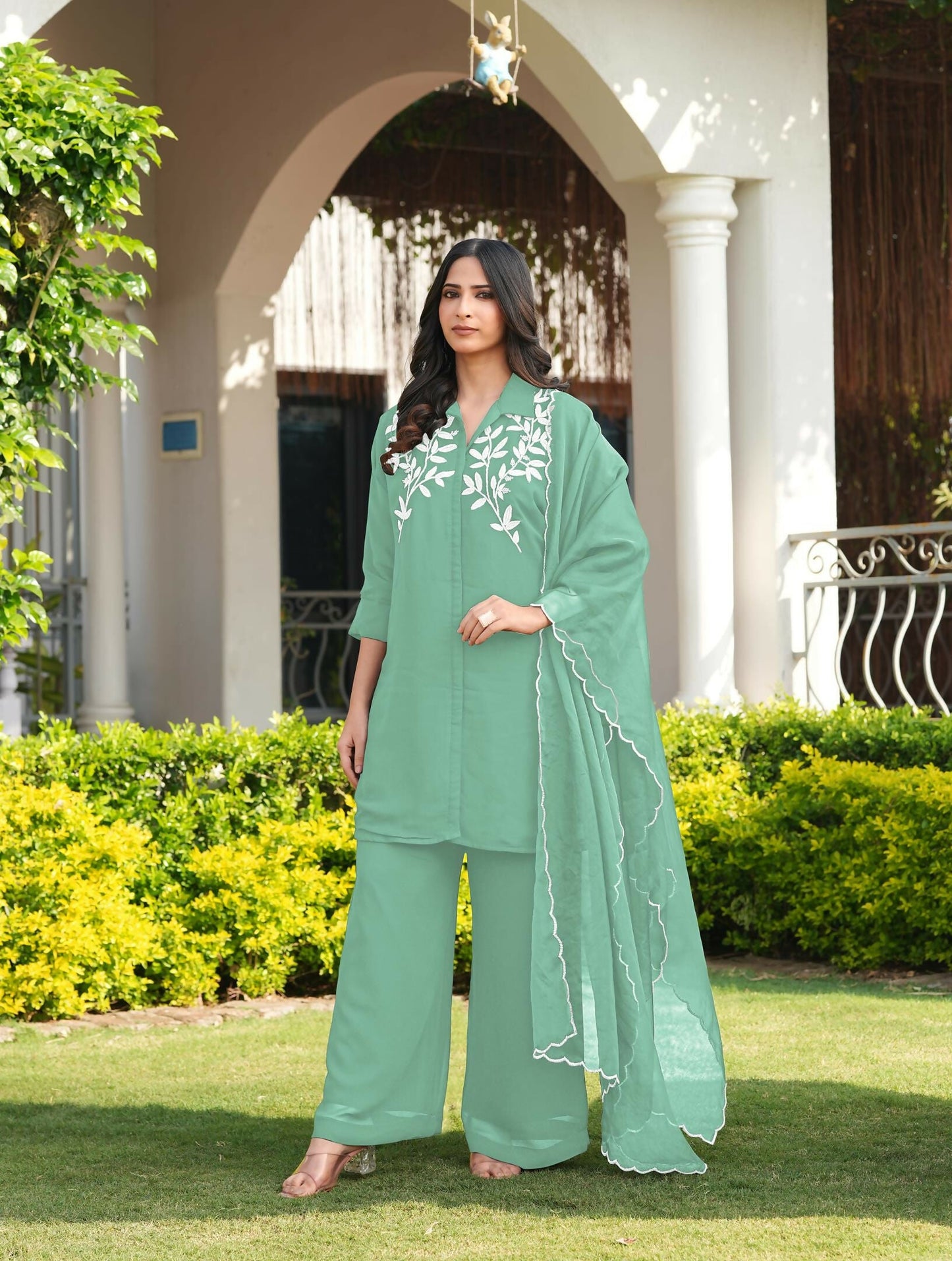 Nikhaar Light Green Embroidered Viscose Georgette Stitched Straight Cut Kurta Culottes Dupatta Readymade Suit