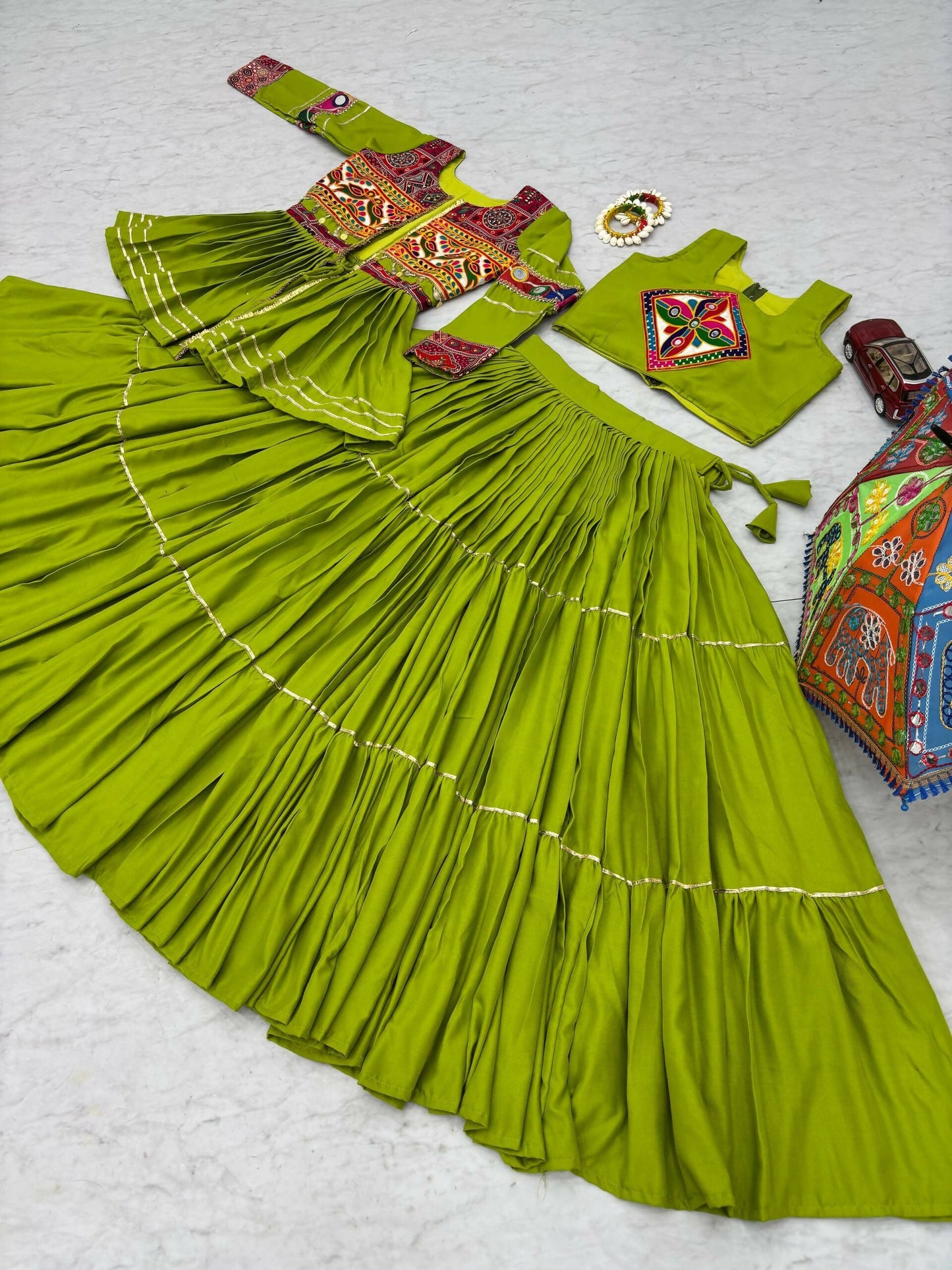 Teeya Creation Womens New Stylish Heavy Gamthi Work With Mirror Lace Work Green Gown Set