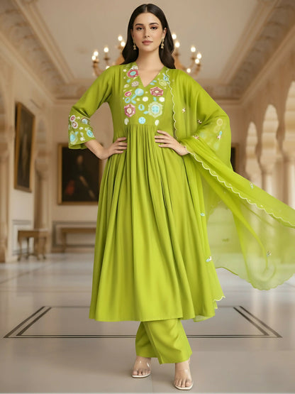 The52 Women's Beautiful Embroidery Work Viscose Silk Fabric Flared Kurta Pant and Dupatta Set-Liril