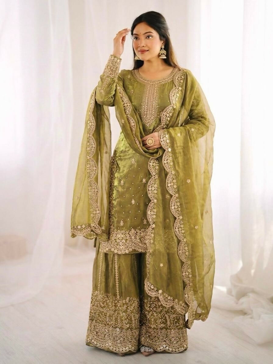 Teeya Creation Womens New Trendy Embroidery Coding And Sequence Work Light-Green Kurta Set