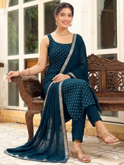 Teeya Creation Womens New Elegant Teal Embroidered Kurti with Matching Bottom Set