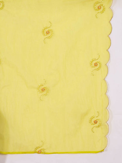The52 Women's Beautiful Embroidery Work Vichitra Fabric A-line Kurta Pant and Dupatta Set-Yellow