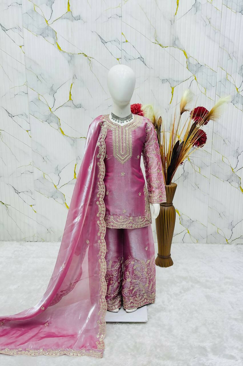 Teeya Creation New Kids Wedding Wear Heavy Embroidery Sequence Work Kurta Sharara Set-Pink