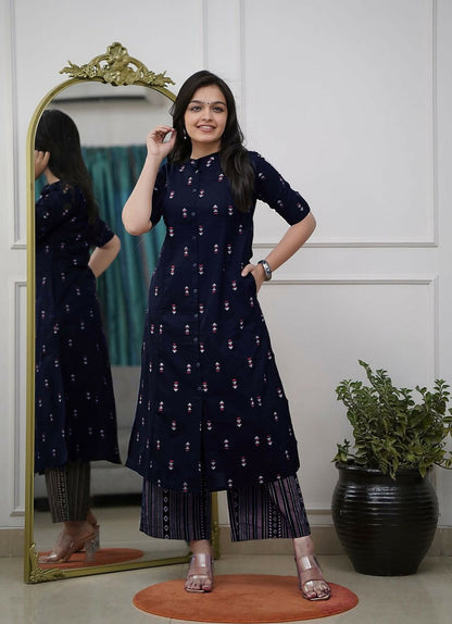 Teeya Creation Stylish Navy Blue Cotton Kurta With Geometric Print And Matching Palazzos