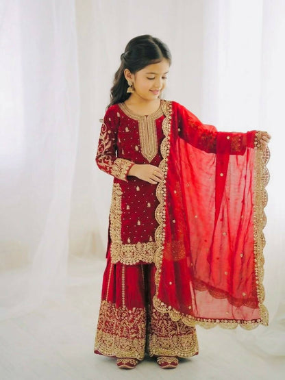 Teeya Creation New Trendy Fully Stitched Ready to Wear Kids Kurta Palazzo Set-Red