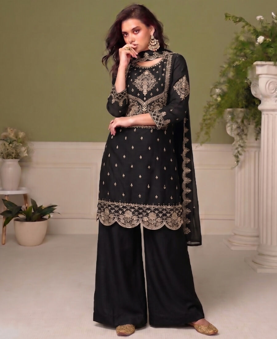 KC Black Wedding Wear Embroidered Crush Silk Salwar Suit