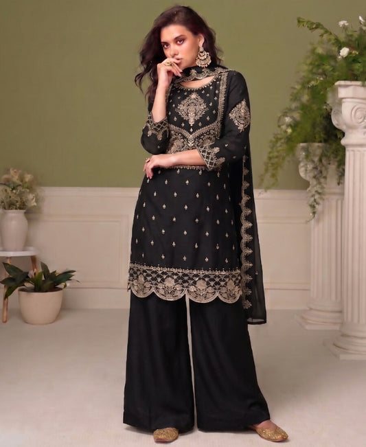 KC Black Wedding Wear Embroidered Crush Silk Salwar Suit