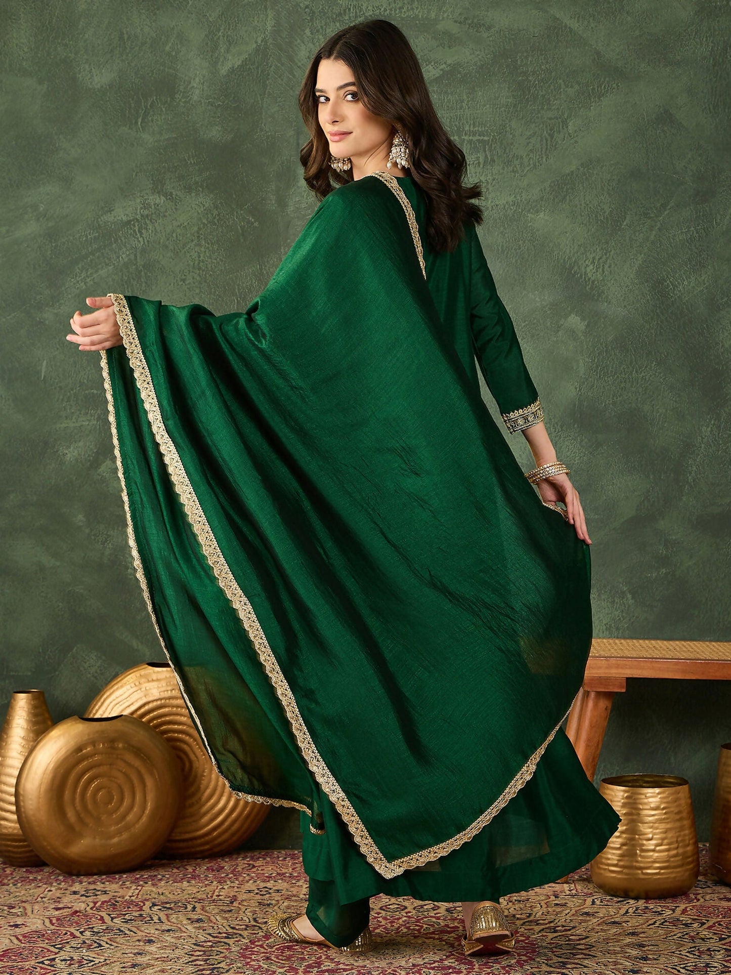 The52 Women's Beautiful Embroidery Work Vichitra Silk Fabric Flared Kurta Pant and Dupatta Set-Green