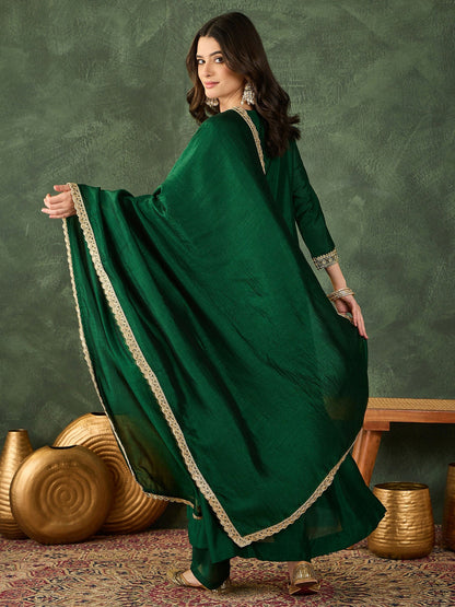 The52 Women's Beautiful Embroidery Work Vichitra Silk Fabric Flared Kurta Pant and Dupatta Set-Green