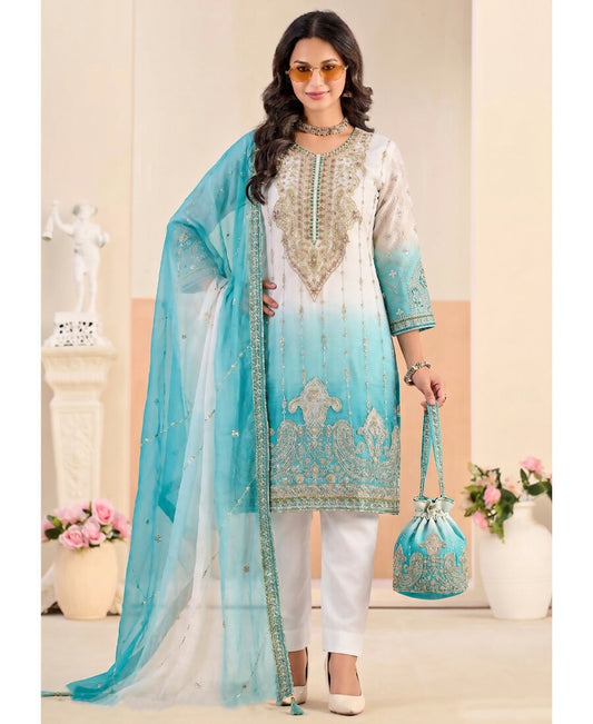 KC Designer Sky Blue Ombre Straight Suit For Women With Hand Embroidery