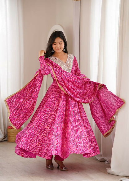 Teeya Creation New Trendy Traditional Pink Bandhani Anarkali Set with Embellished V-Neck