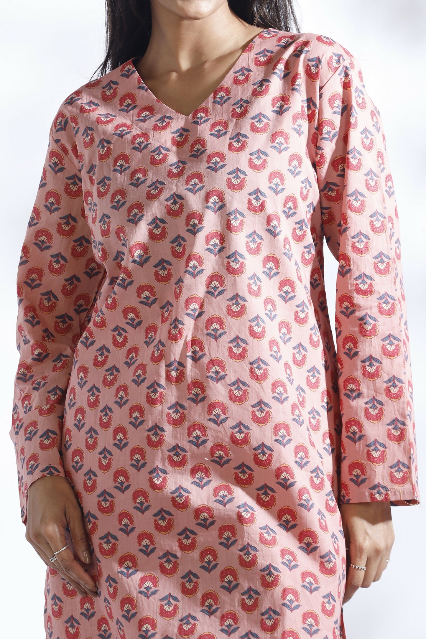 Breathables WomenS Loungewear Long Kurta Co-Ord Set Cotton Pink Indian Motif Butta Print