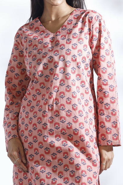 Breathables WomenS Loungewear Long Kurta Co-Ord Set Cotton Pink Indian Motif Butta Print