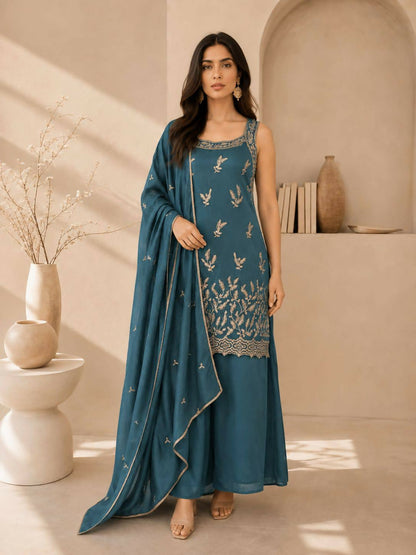 Teeya Creation Teal Blue Embroidered Georgette Straight Kurta With Palazzo And Dupatta Set