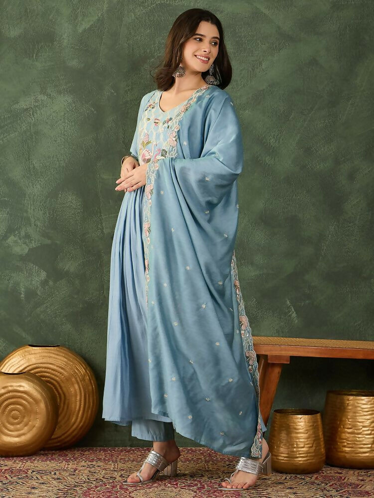 The52 Women's Beautiful Embroidery Work Silk Fabric Flared Kurta Pant and Dupatta Set