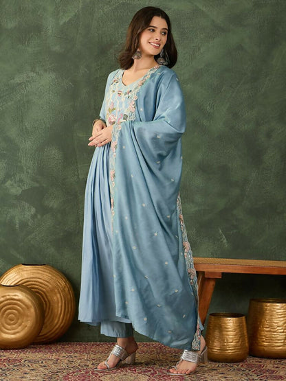 The52 Women's Beautiful Embroidery Work Silk Fabric Flared Kurta Pant and Dupatta Set