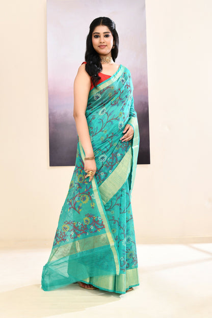 Piyari Fashion Women's Turquoise Embellished Cotton Blend Printed Saree