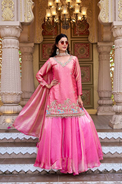 Teeya Creation Womens New Stylish Moti Beads With Cording Sequence Thread Embroidery Work Pink Kurta Set